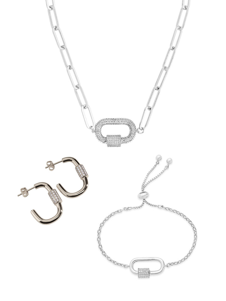 Carabiner Linked Lock Necklace Bundle - Pave CZ