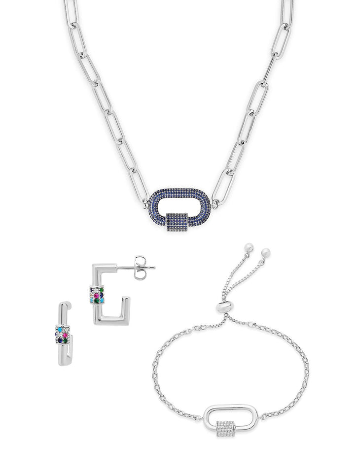 Carabiner Linked Lock Necklace Bundle - Pave CZ