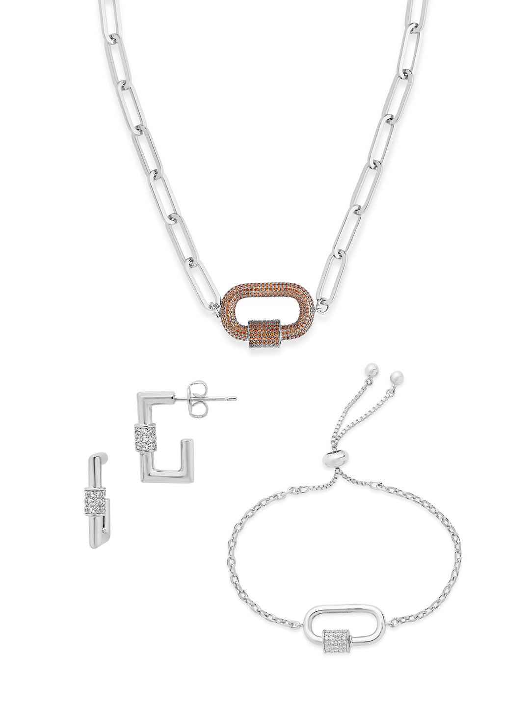 Carabiner Linked Lock Necklace Bundle - Pave CZ
