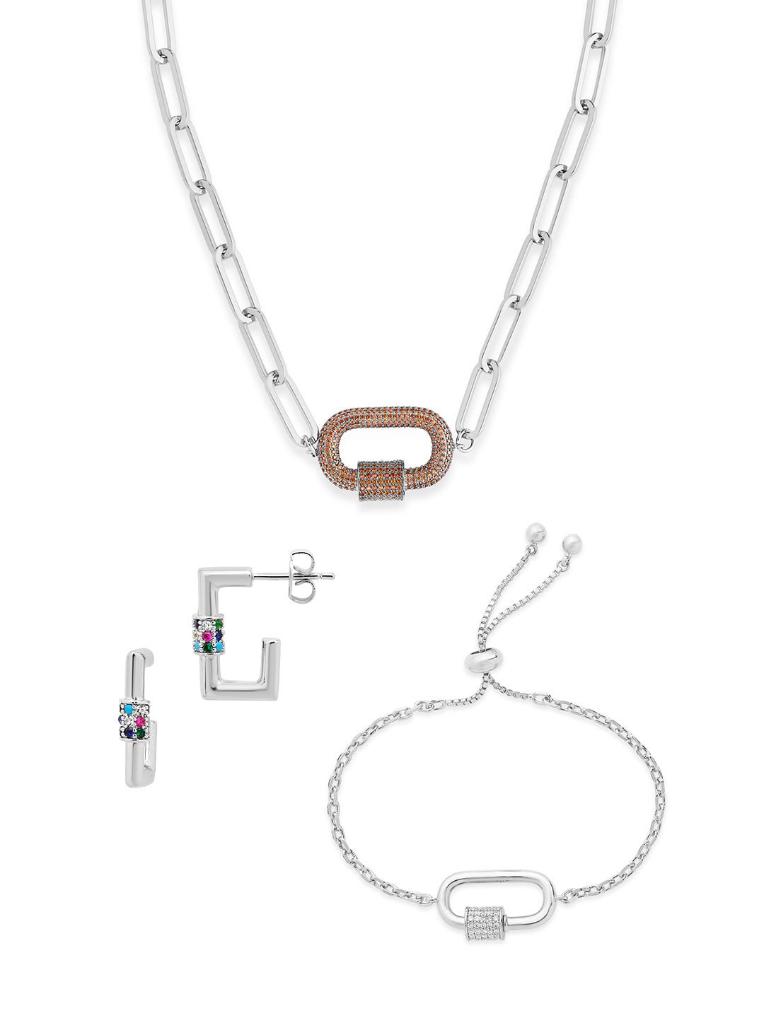 Carabiner Linked Lock Necklace Bundle - Pave CZ
