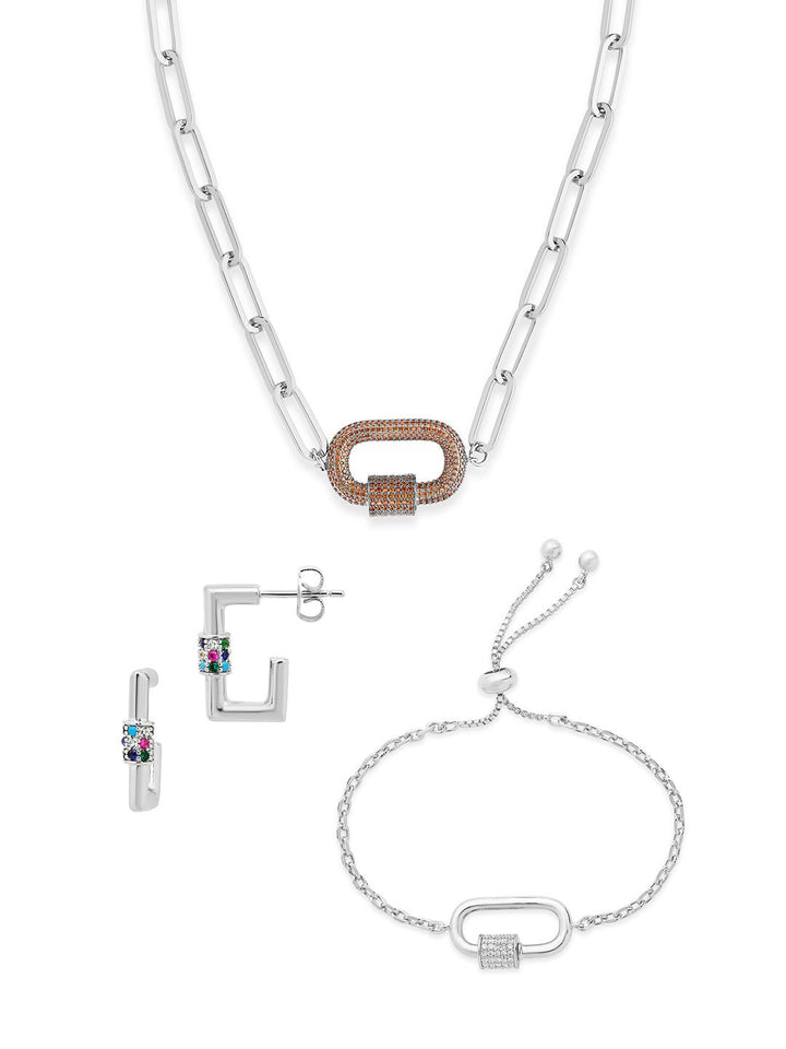 Carabiner Linked Lock Necklace Bundle - Pave CZ