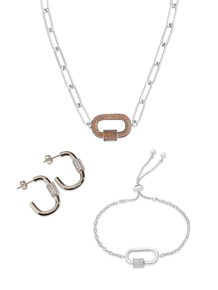 Carabiner Linked Lock Necklace Bundle - Pave CZ