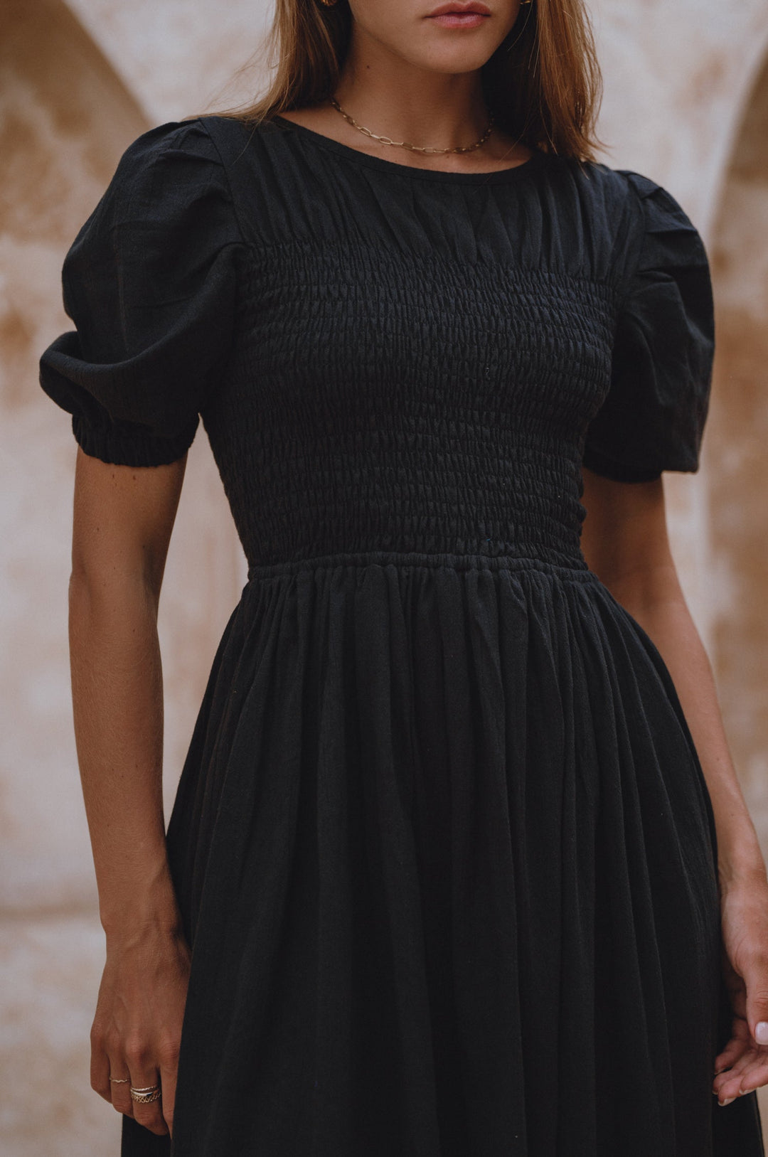 Sophie Smocked Linen Midi Dress by Bali Lane