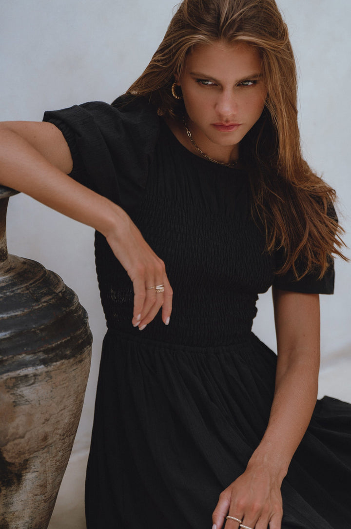 Sophie Smocked Linen Midi Dress by Bali Lane