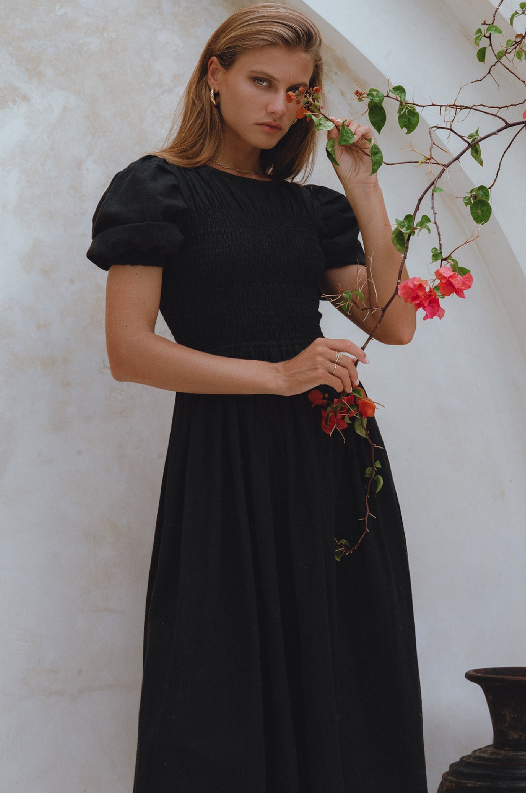 Sophie Smocked Linen Midi Dress by Bali Lane