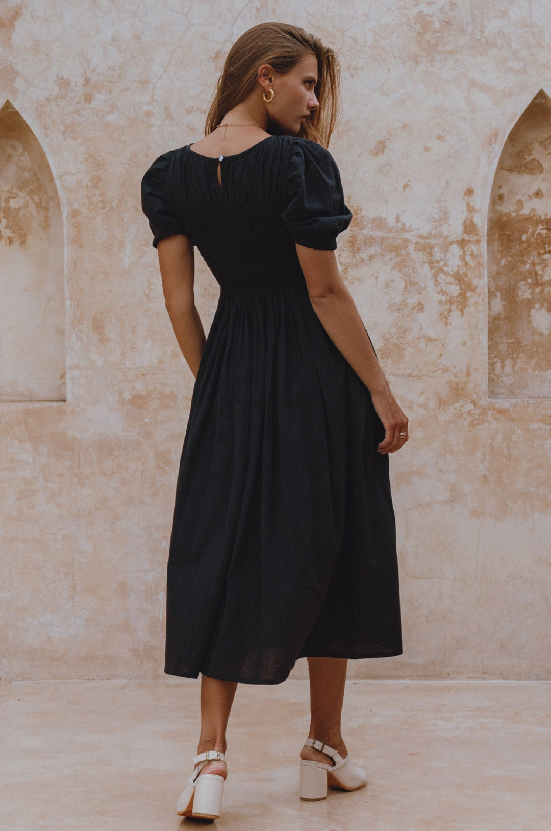 Sophie Smocked Linen Midi Dress by Bali Lane
