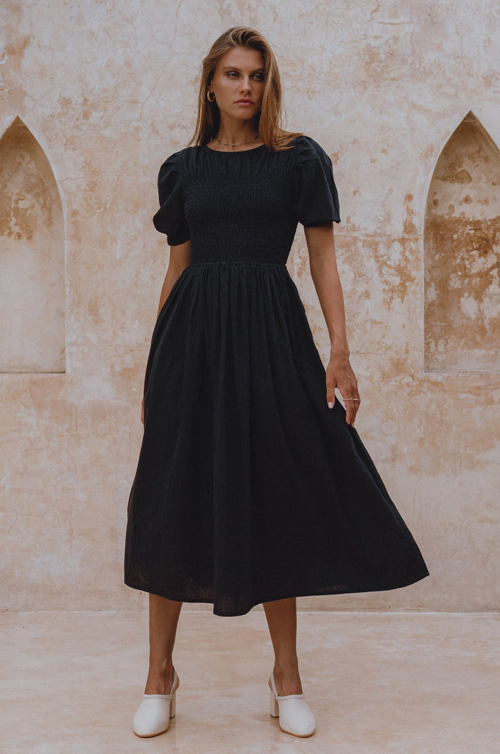 Sophie Smocked Linen Midi Dress by Bali Lane