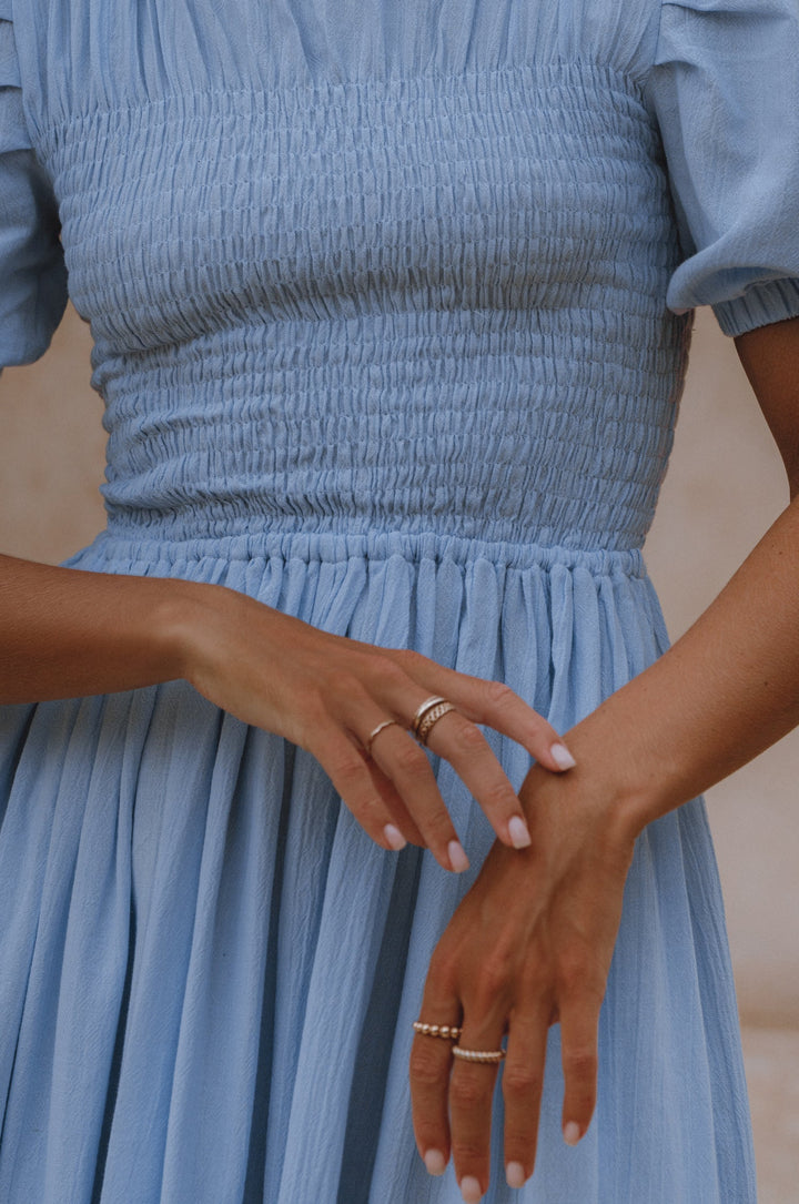 Sophie Smocked Linen Midi Dress by Bali Lane