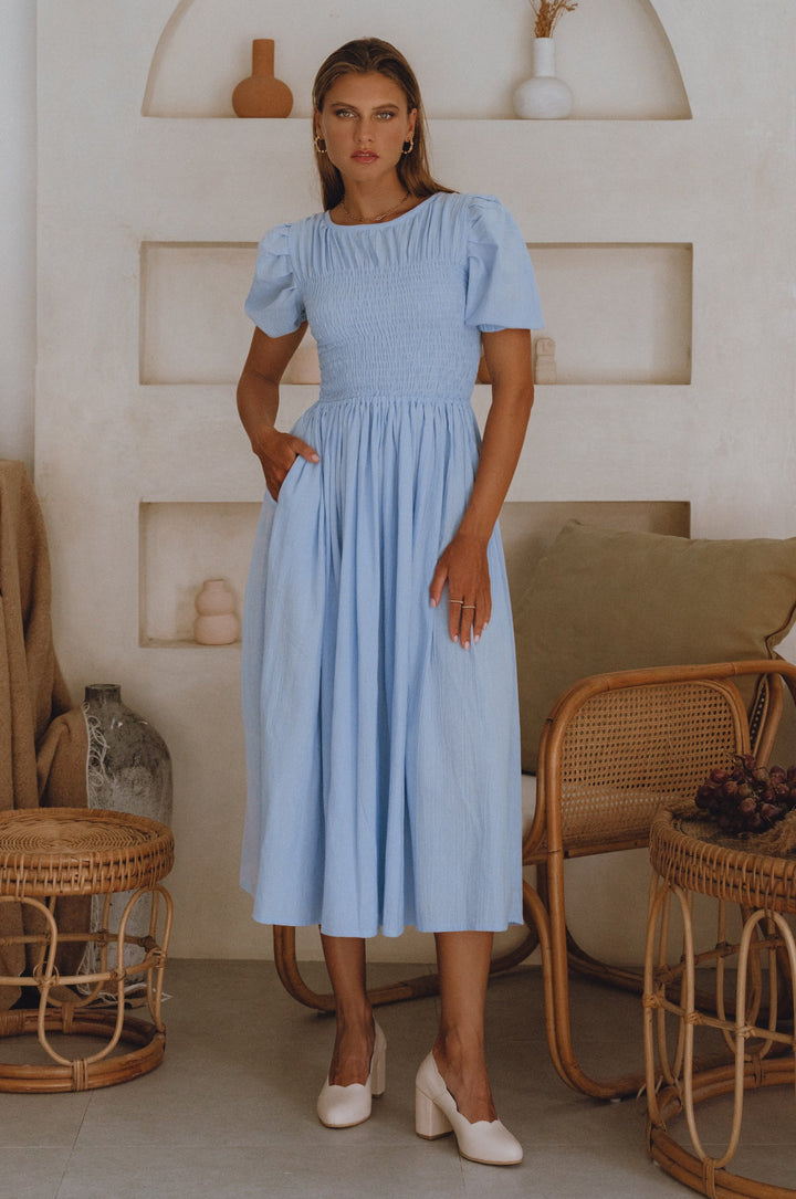 Sophie Smocked Linen Midi Dress by Bali Lane