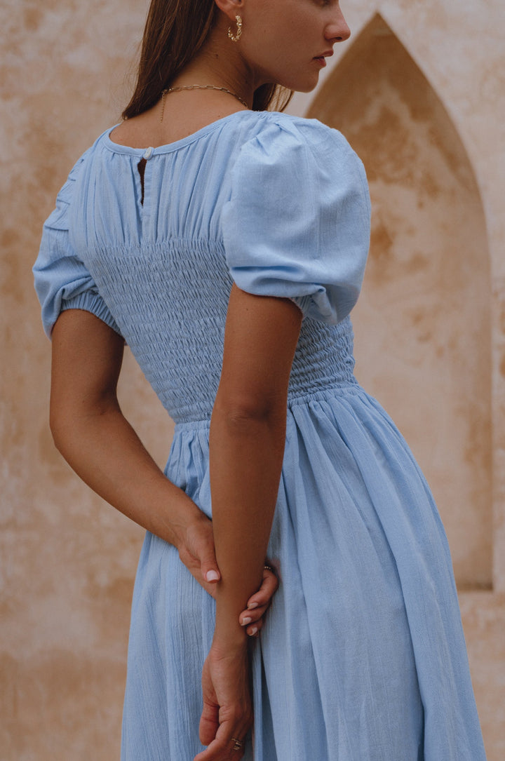 Sophie Smocked Linen Midi Dress by Bali Lane