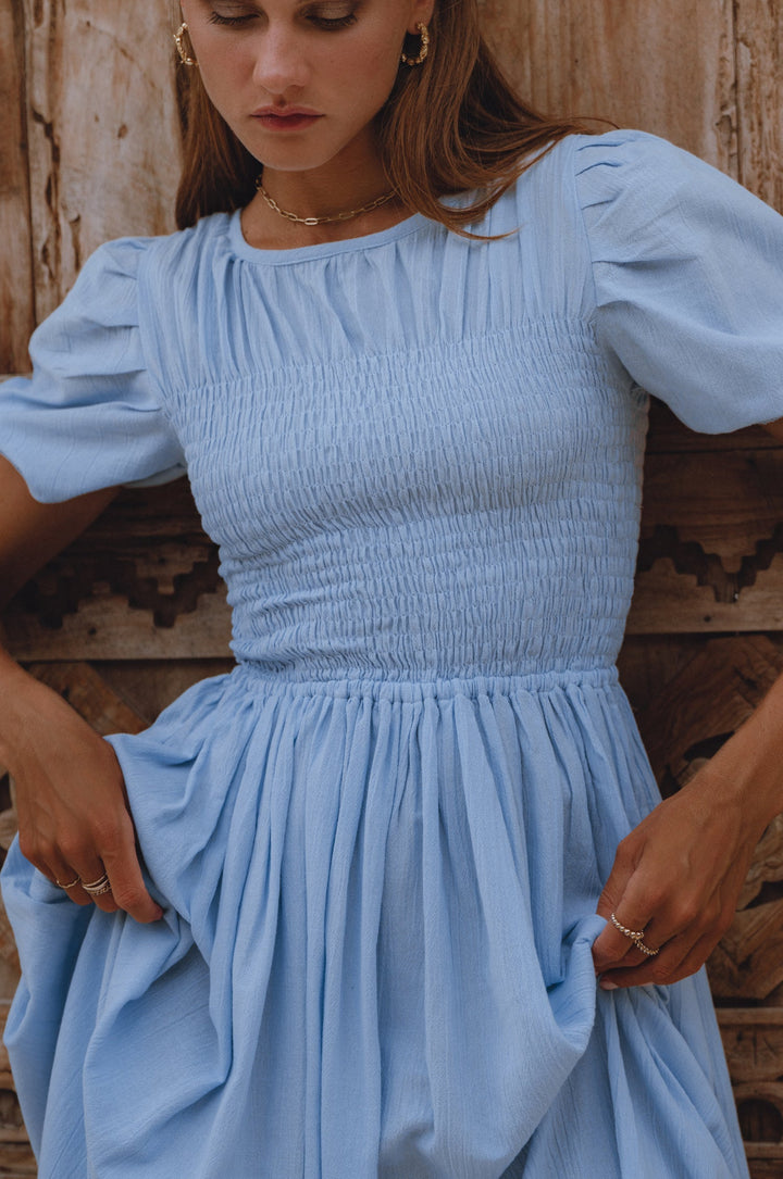 Sophie Smocked Linen Midi Dress by Bali Lane