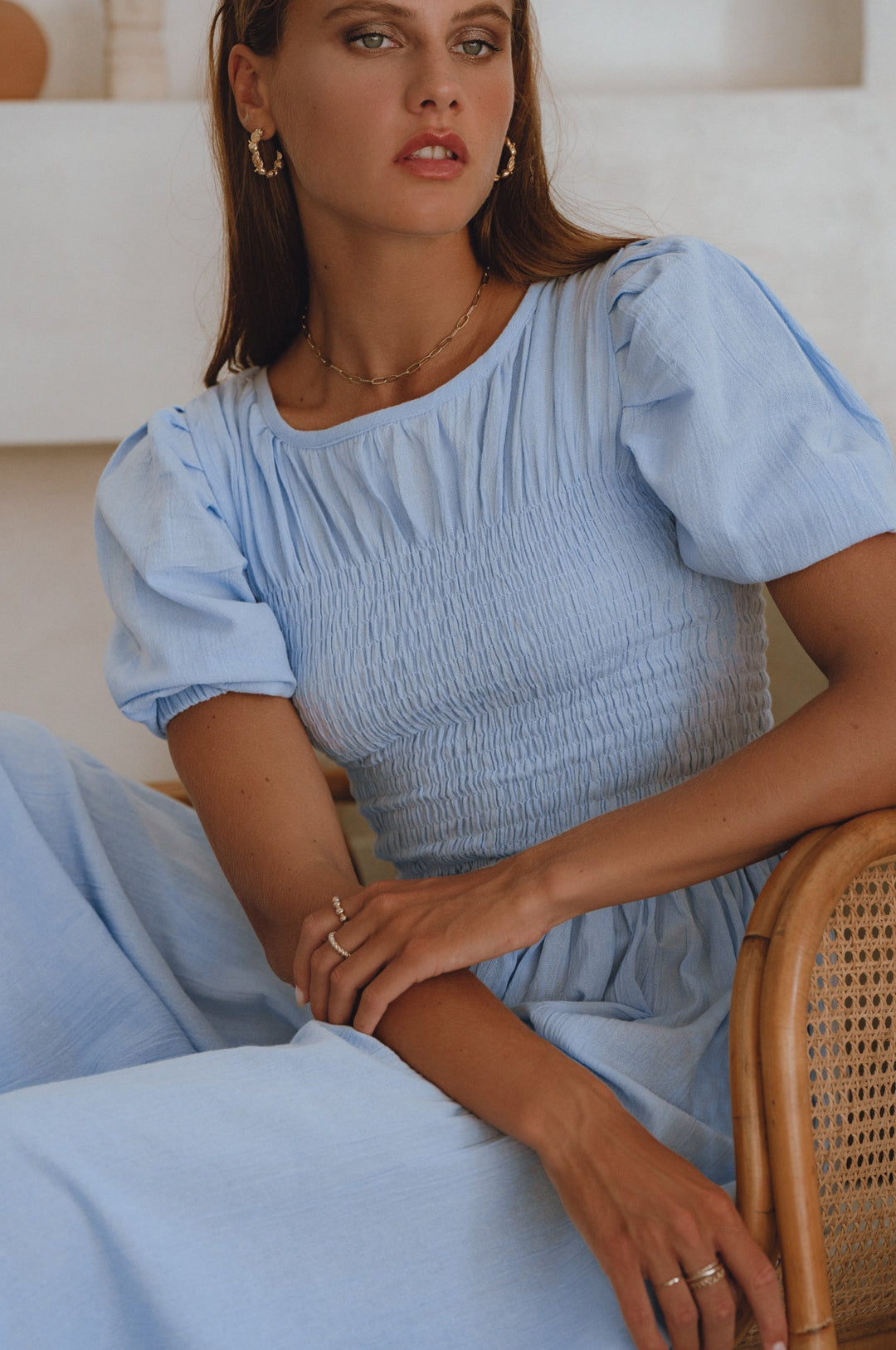 Sophie Smocked Linen Midi Dress by Bali Lane