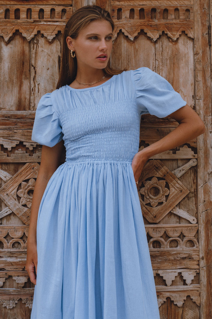 Sophie Smocked Linen Midi Dress by Bali Lane