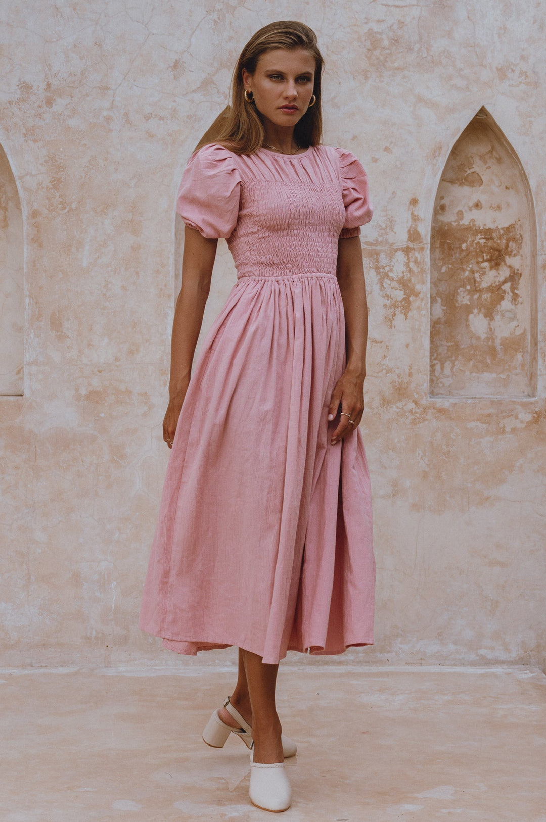 Sophie Smocked Linen Midi Dress by Bali Lane
