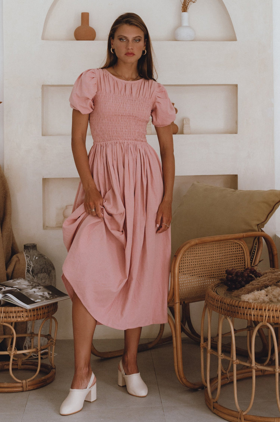 Sophie Smocked Linen Midi Dress by Bali Lane