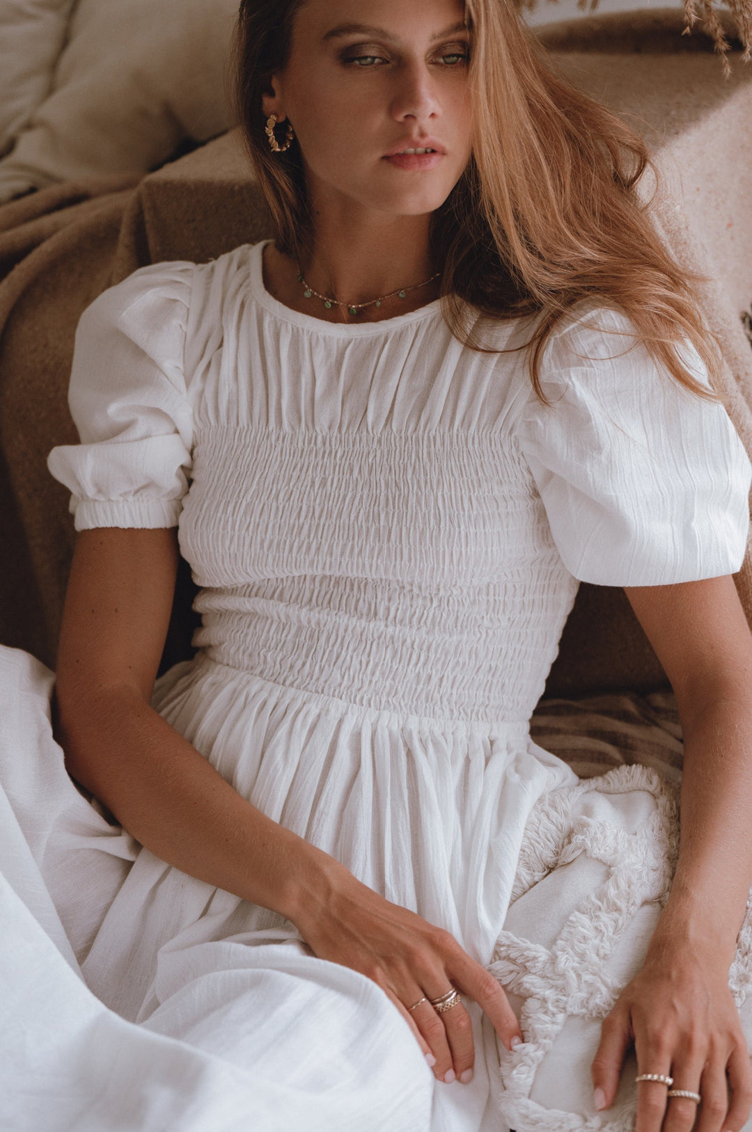 Sophie Smocked Linen Midi Dress by Bali Lane