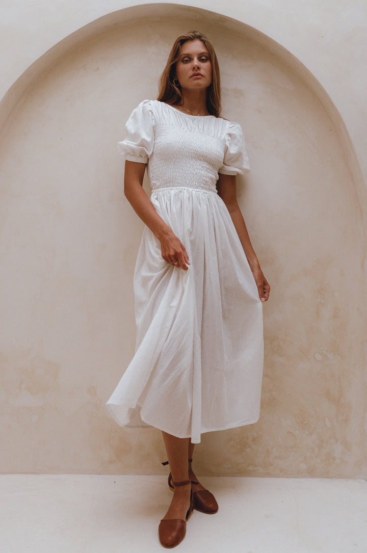 Sophie Smocked Linen Midi Dress by Bali Lane