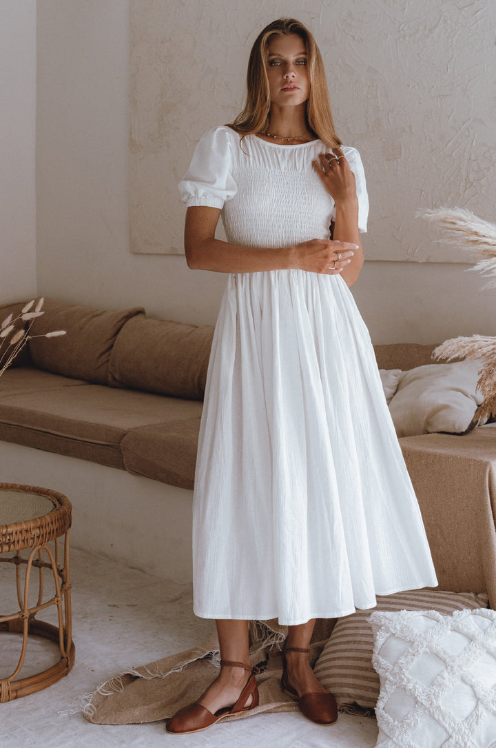 Sophie Smocked Linen Midi Dress by Bali Lane