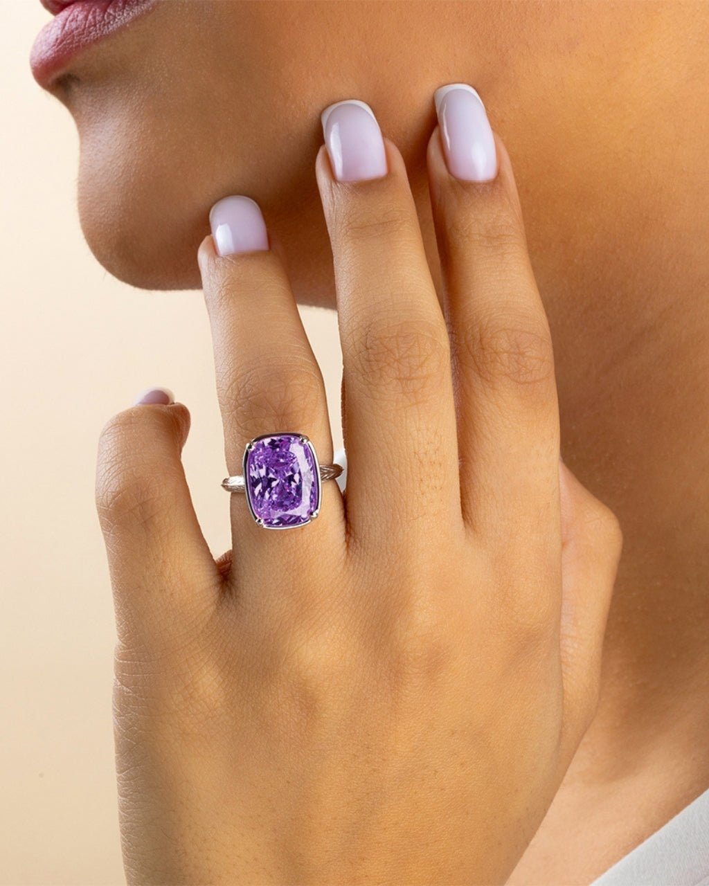 Amethyst Elongated Cushion CZ Cocktail Ring