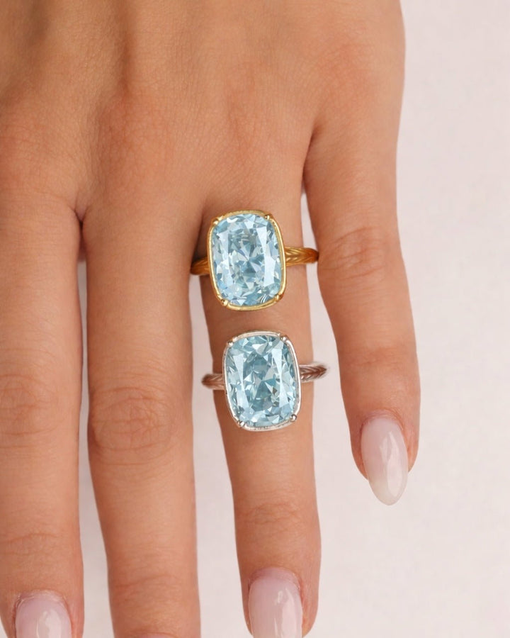 Aquamarine Elongated Cushion CZ Cocktail Ring