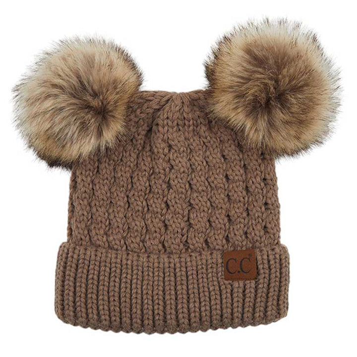 C.C Double Pom Pom All Over Cable Knit Beanie Hat by Madeline Love