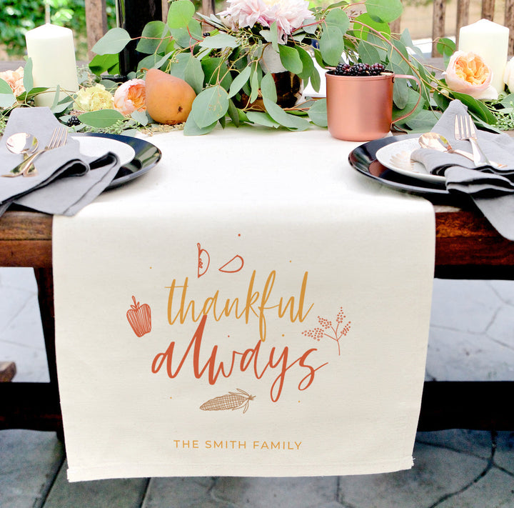 Personalized Family Last Name Thankful Always Canvas Table Runner by The Cotton & Canvas Co.