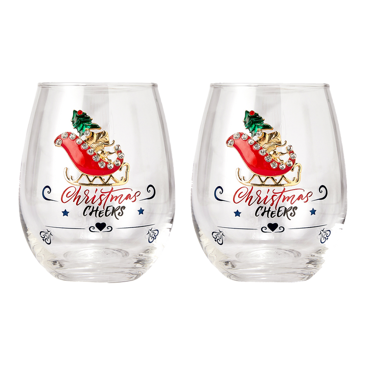 Crystal Christmas Santa's Sleigh Wine & Water Glasses - Set of 2, 17.5oz - Xmas Diamond Merry Christmas Santa Holiday Festive Theme Stemless Glass - New Year Holiday Gifts for Men Women Friend Family by The Wine Savant