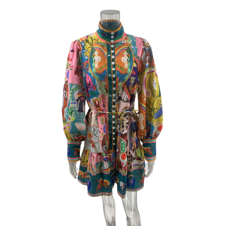 Autumn Winter Long Sleeve Printed Lace up Pleated Dress by BlakWardrob