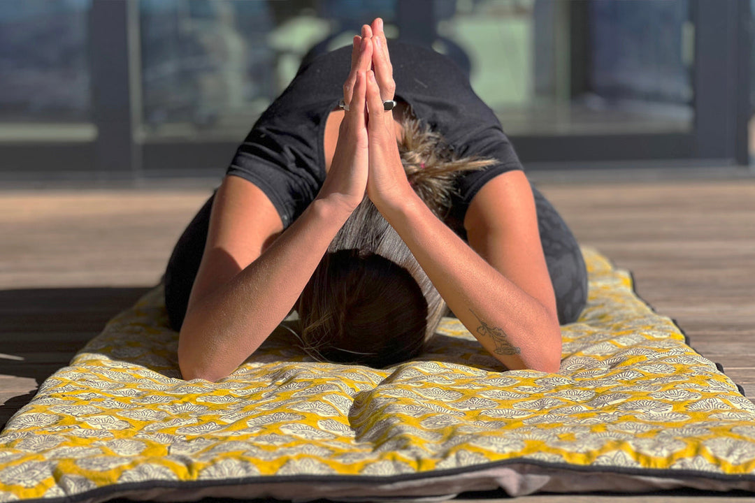 Block Print Restorative Yoga Mat with Towel and Carrying Case by Verve Culture