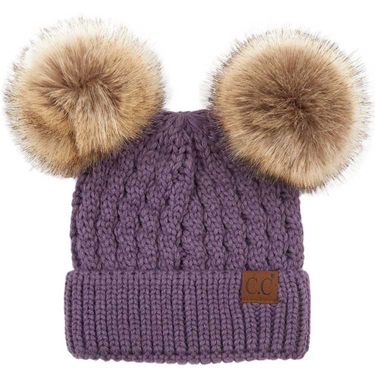 C.C Double Pom Pom All Over Cable Knit Beanie Hat by Madeline Love