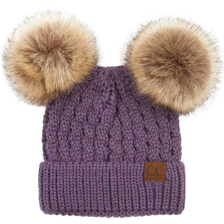 C.C Double Pom Pom All Over Cable Knit Beanie Hat by Madeline Love