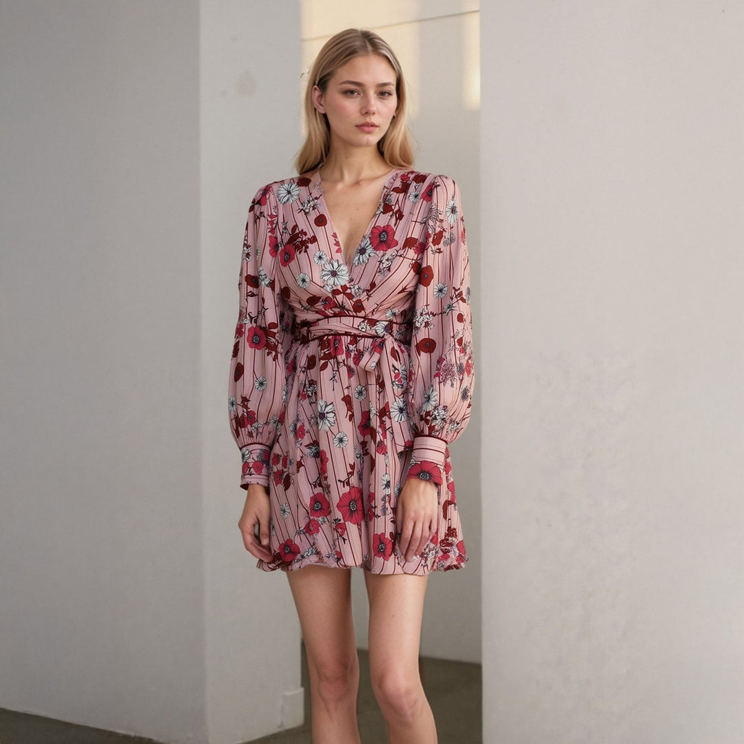 Women's Floral Satin Wrap Front Flared Dress