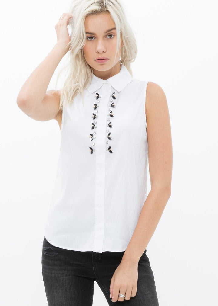 Women's Sleeveless Trim Detail Button Up Shirt by Shop at Konus