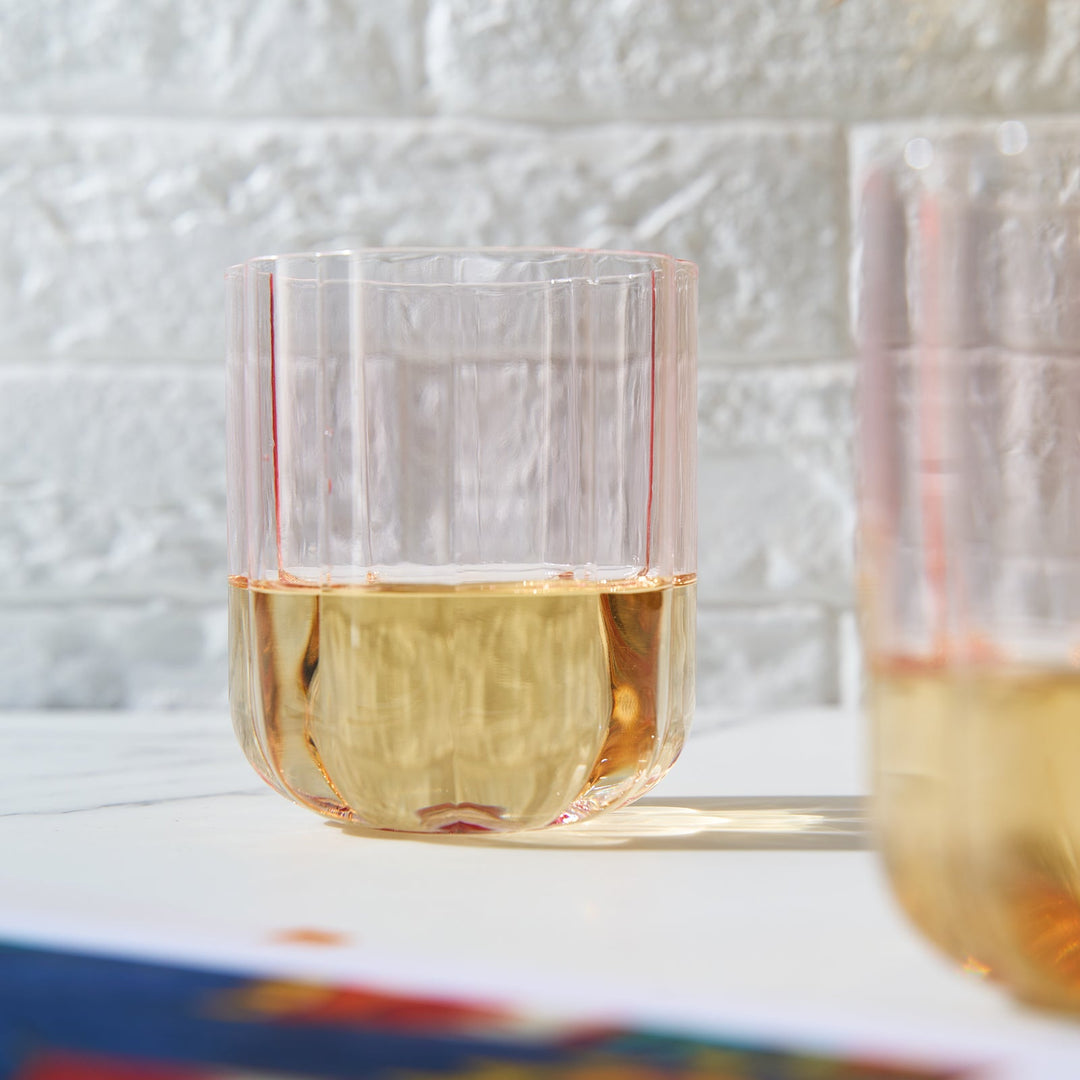 Flower Vintage Glass Stemless Highball - Set of 2-13 oz (Pink)