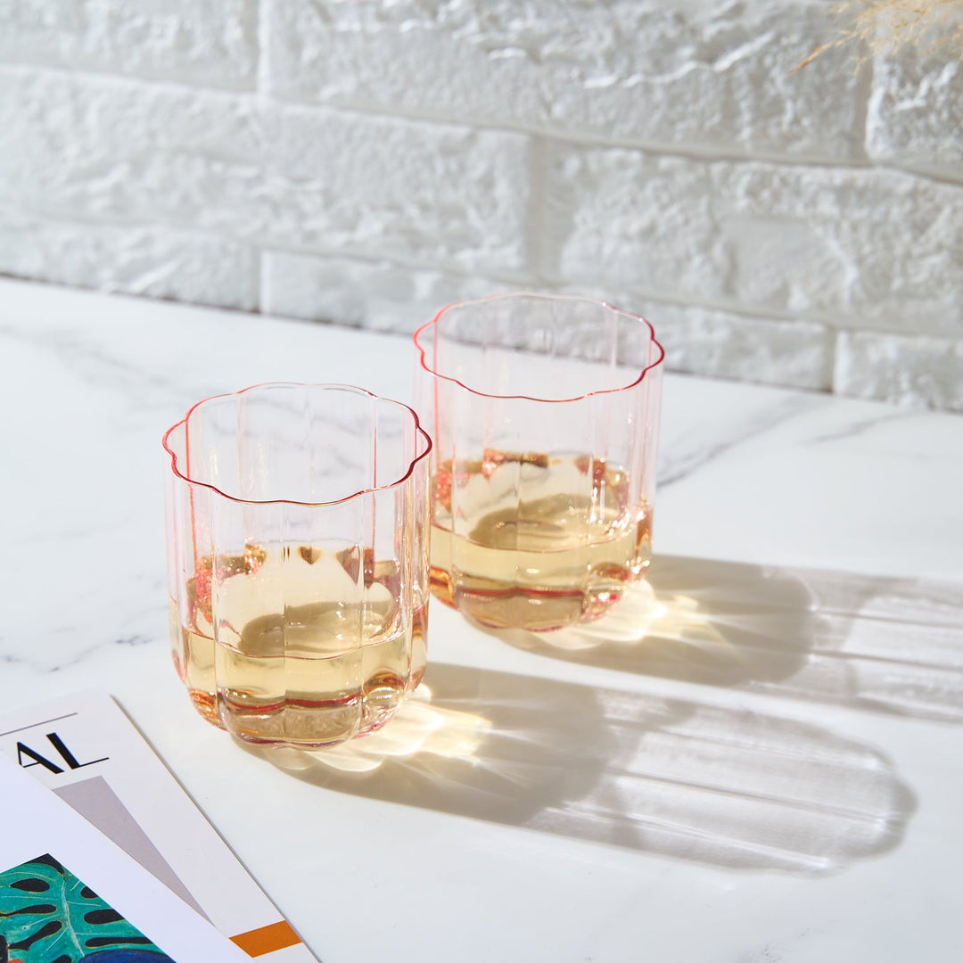 Flower Vintage Glass Stemless Highball - Set of 2-13 oz (Pink)