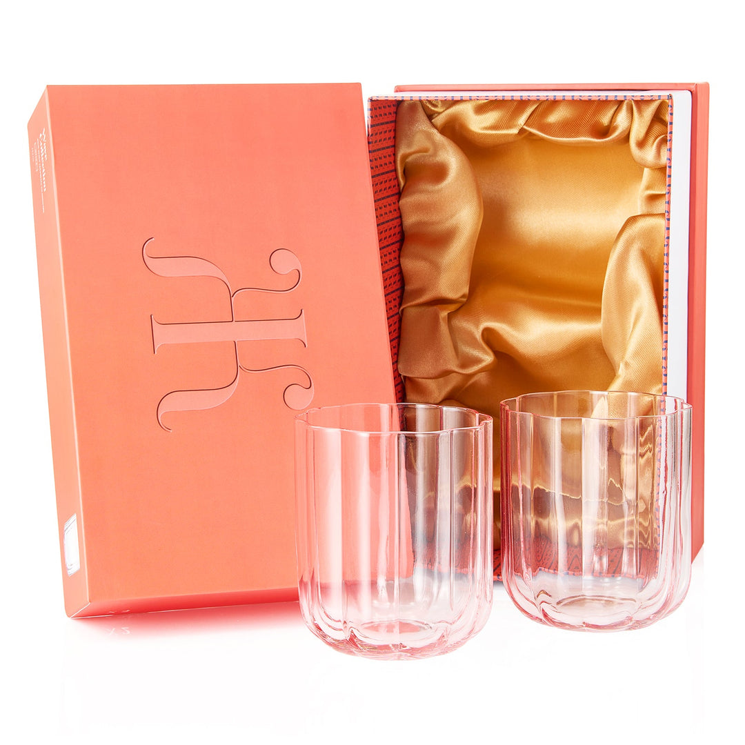 Flower Vintage Glass Stemless Highball - Set of 2-13 oz (Pink)