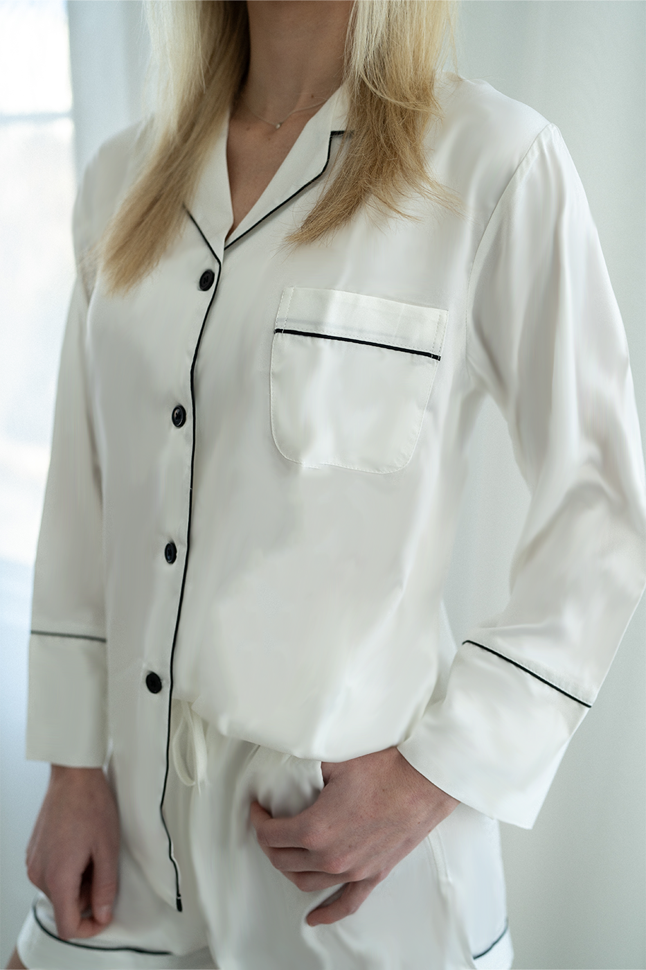 White with Black Trim Long Sleeve Top and Shorts Set by Spikes and Seams