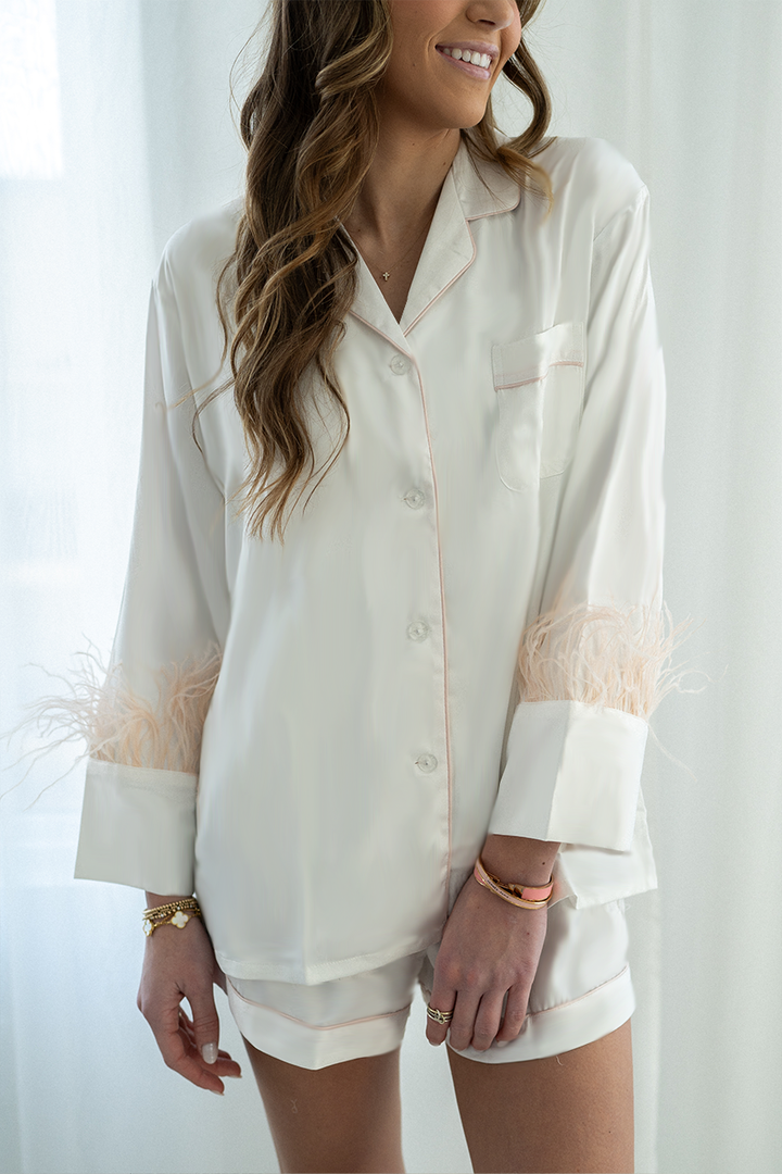 White with Blush Feathers Shorts Set by Spikes and Seams