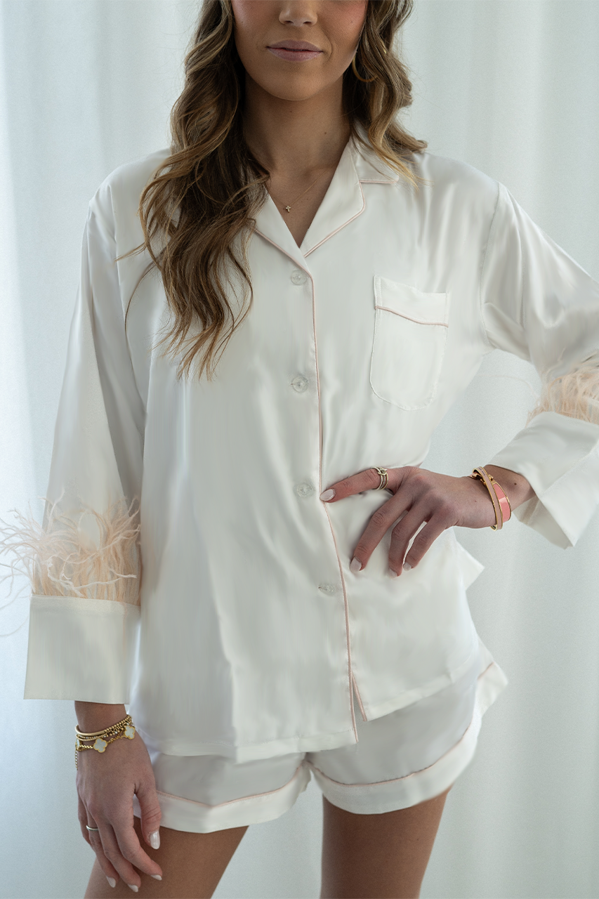 White with Blush Feathers Shorts Set by Spikes and Seams