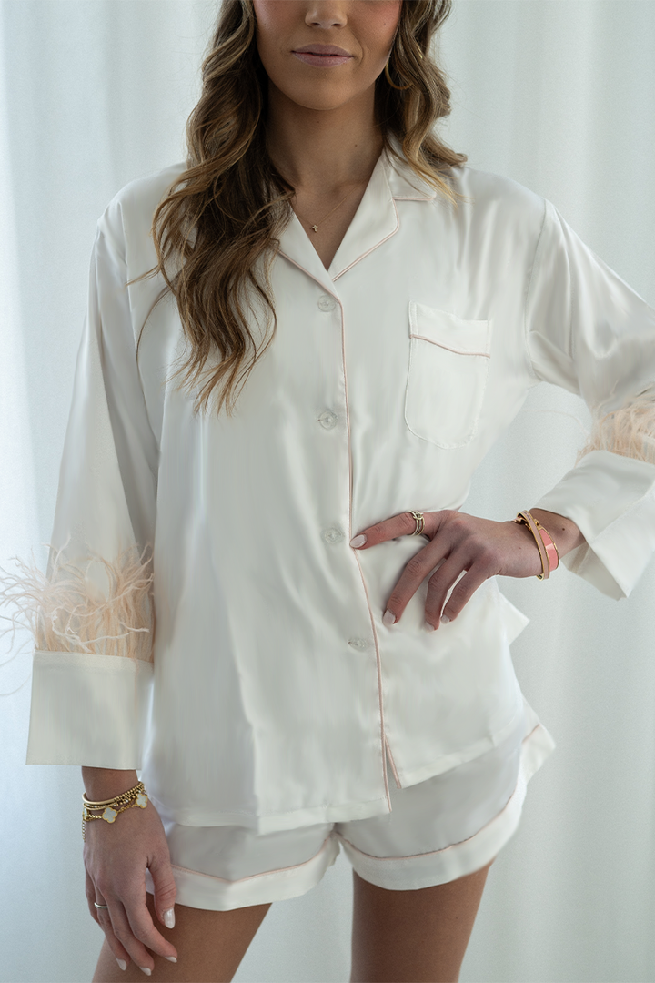 White with Blush Feathers Shorts Set by Spikes and Seams