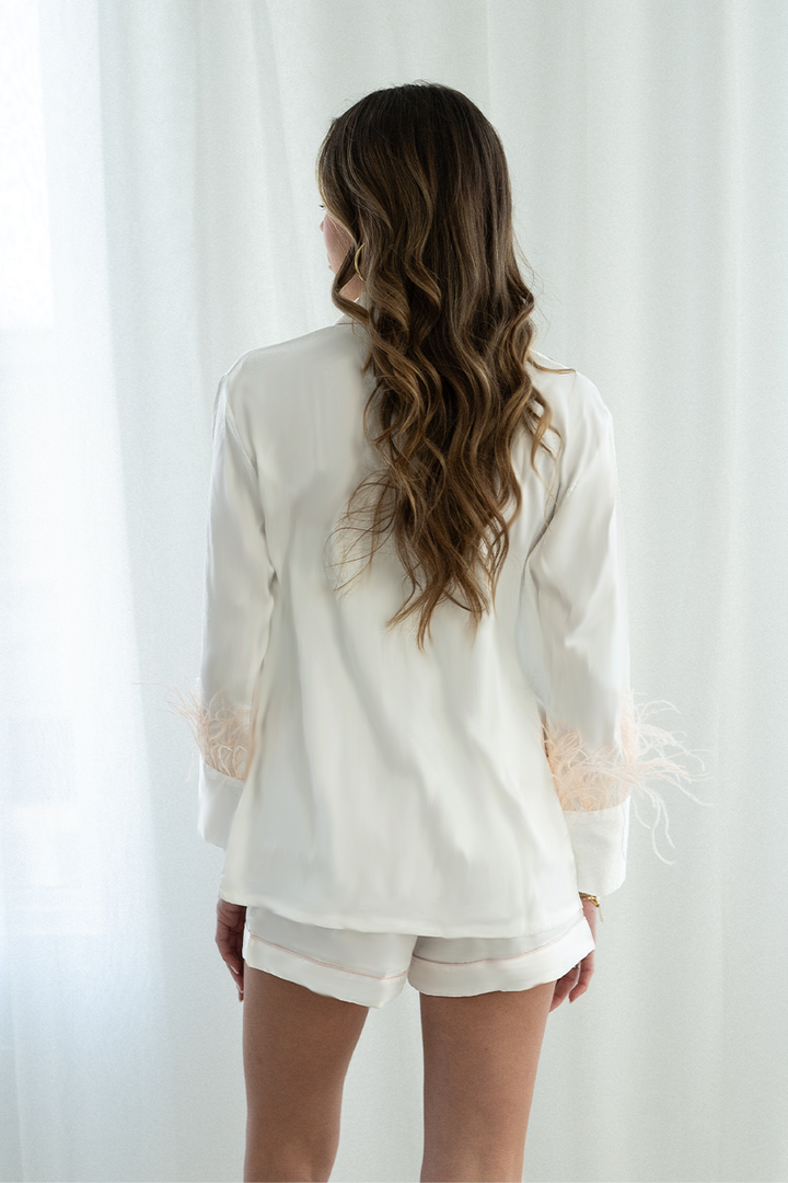 White with Blush Feathers Shorts Set by Spikes and Seams