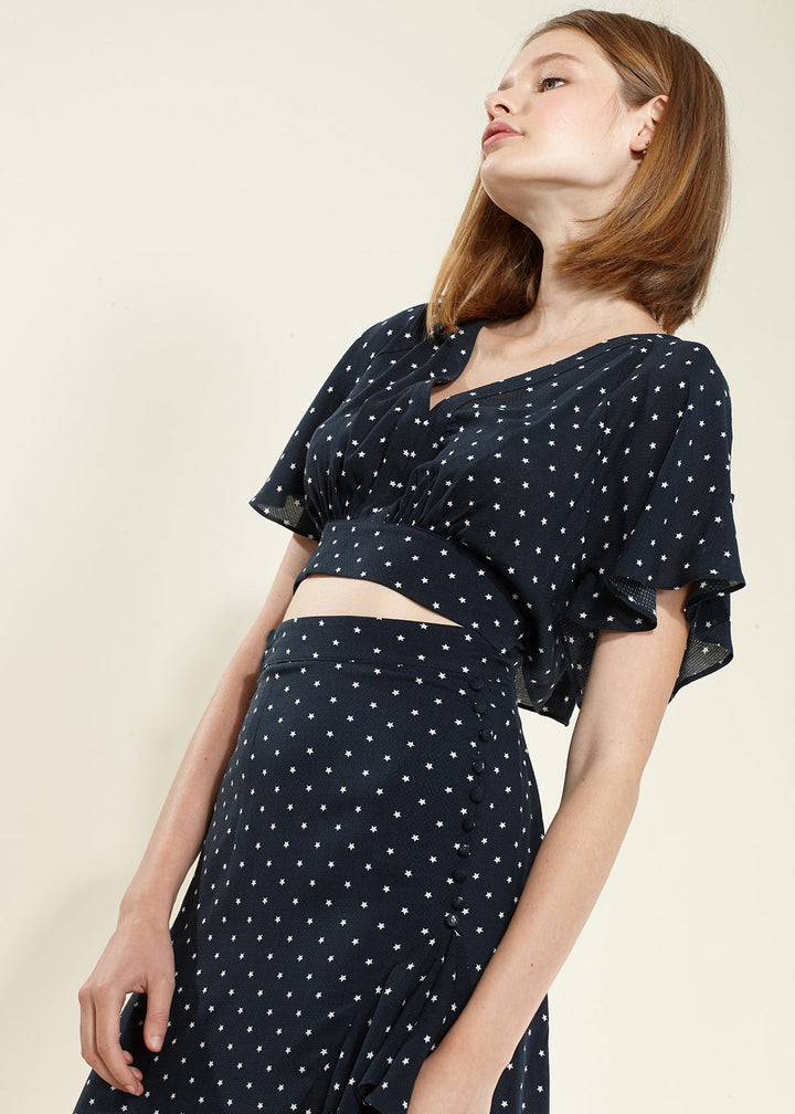 Women's Cape Sleeve V-Neck Crop Blouse In Navy