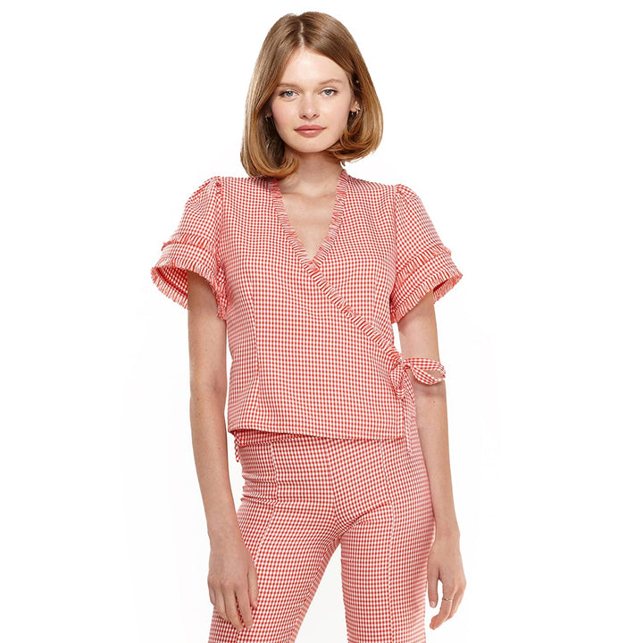 Women's Fringe Trim Gingham Wrap Blouse In Red Gingham