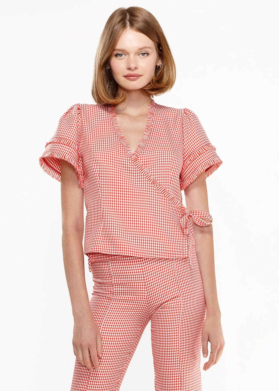 Women's Fringe Trim Gingham Wrap Blouse In Red Gingham
