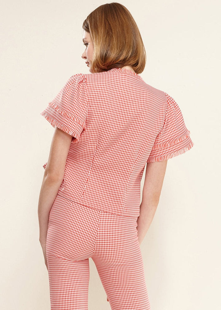 Women's Fringe Trim Gingham Wrap Blouse In Red Gingham