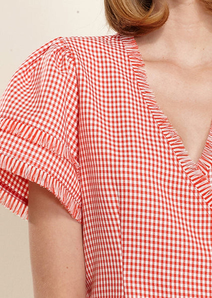 Women's Fringe Trim Gingham Wrap Blouse In Red Gingham