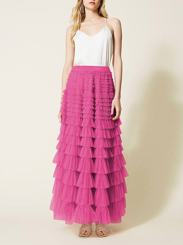 A-Line High Waisted Solid Color Tulle Skirts Bottoms by migunica