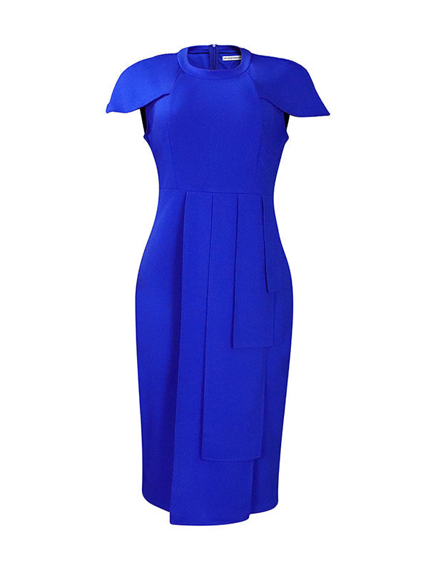 Short Sleeves Skinny Pleated Solid Color Split-Back Split-Front Split-Joint Round-Neck Midi Dresses by migunica