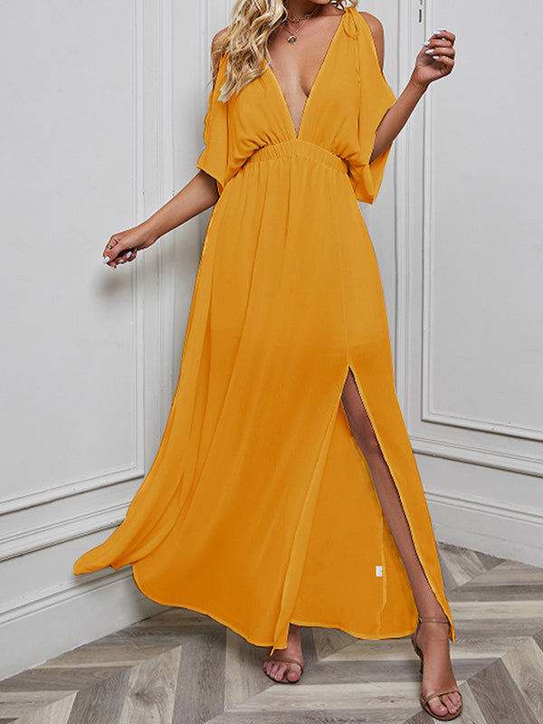 Batwing Sleeves Loose Solid Color Split-Front Deep V-Neck Maxi Dresses by migunica