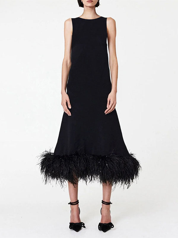 Simple Sleeveless Loose Feathers Solid Color Midi Dresses by migunica